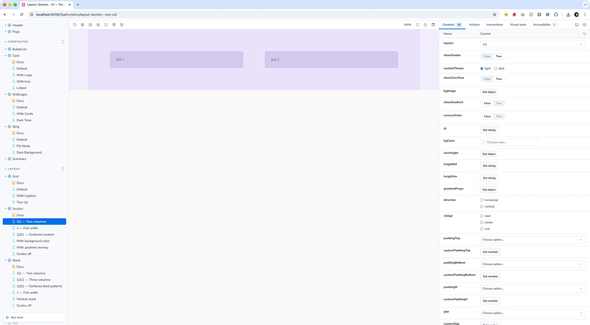 Storybook component rendered in isolation with controls
