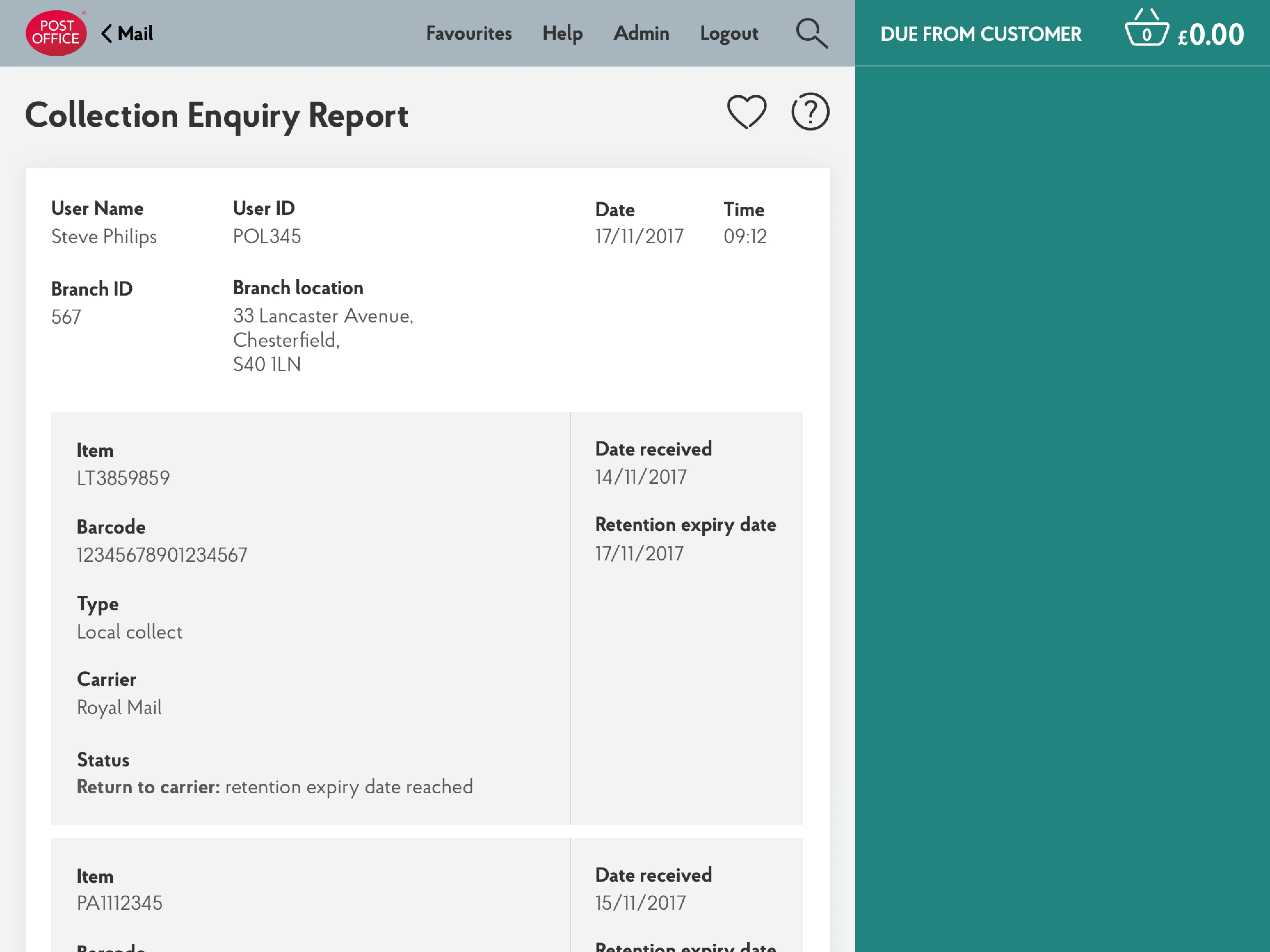 EPOS: Collection Enquiry Report