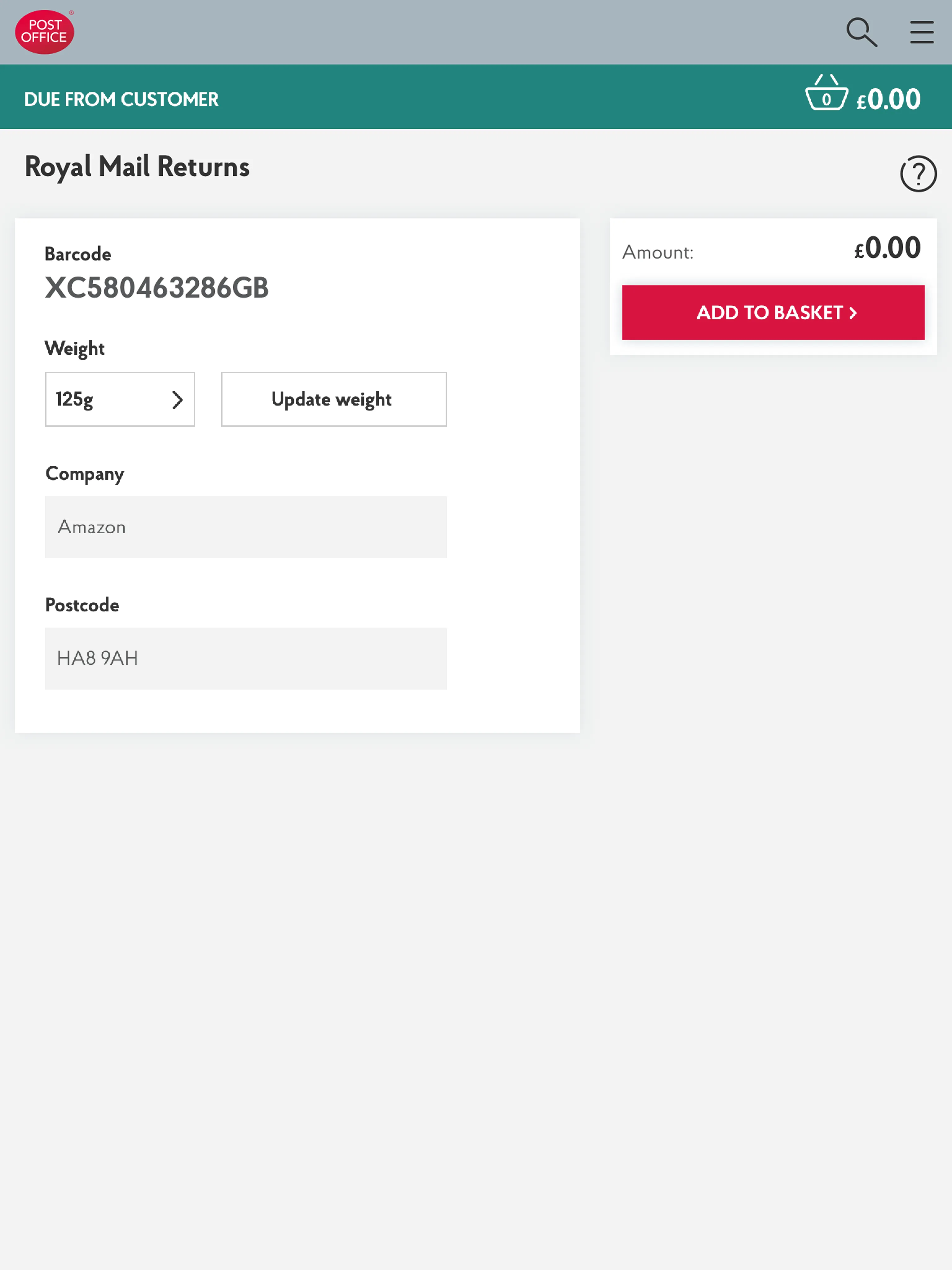 EPOS Royal Mail Returns — tablet portrait